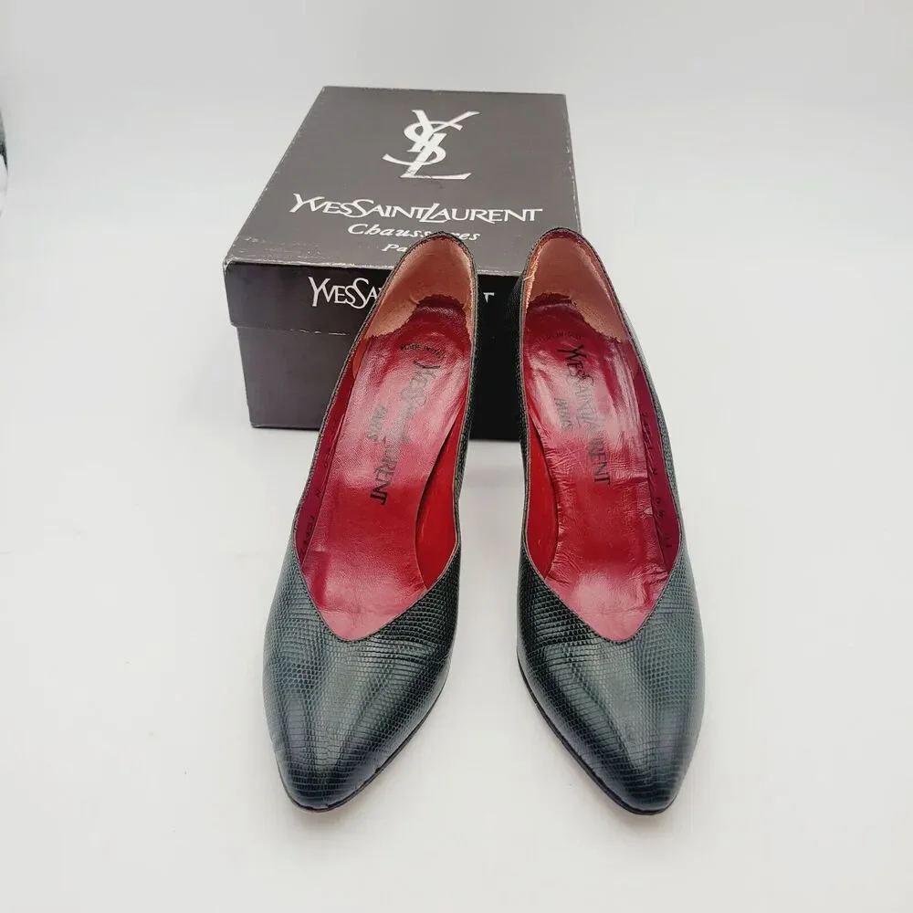 Vtg YVES SAINT LAURENT Green Python Triboo Heels Pumps Sz 6.5 Made In Italy - Picture 11 of 11
